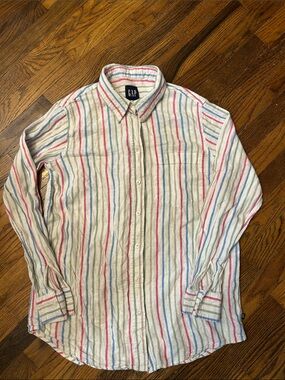 GAP Women's White Button-Down Shirt with Red and Blue Stripes